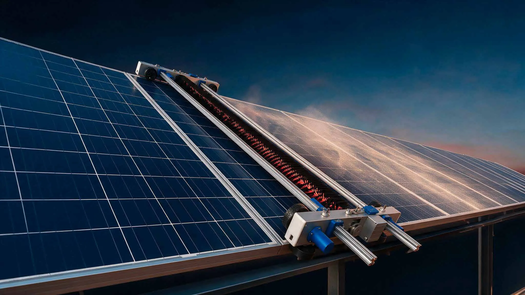 Planta fotovoltaica al atardecer, paneles solares cubiertos de polvo